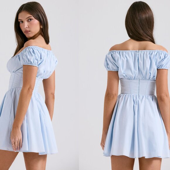 HOUSE OF CB 'Nala' Soft Blue Cotton Gathered Mini Dress NWOT - Picture 2 of 3